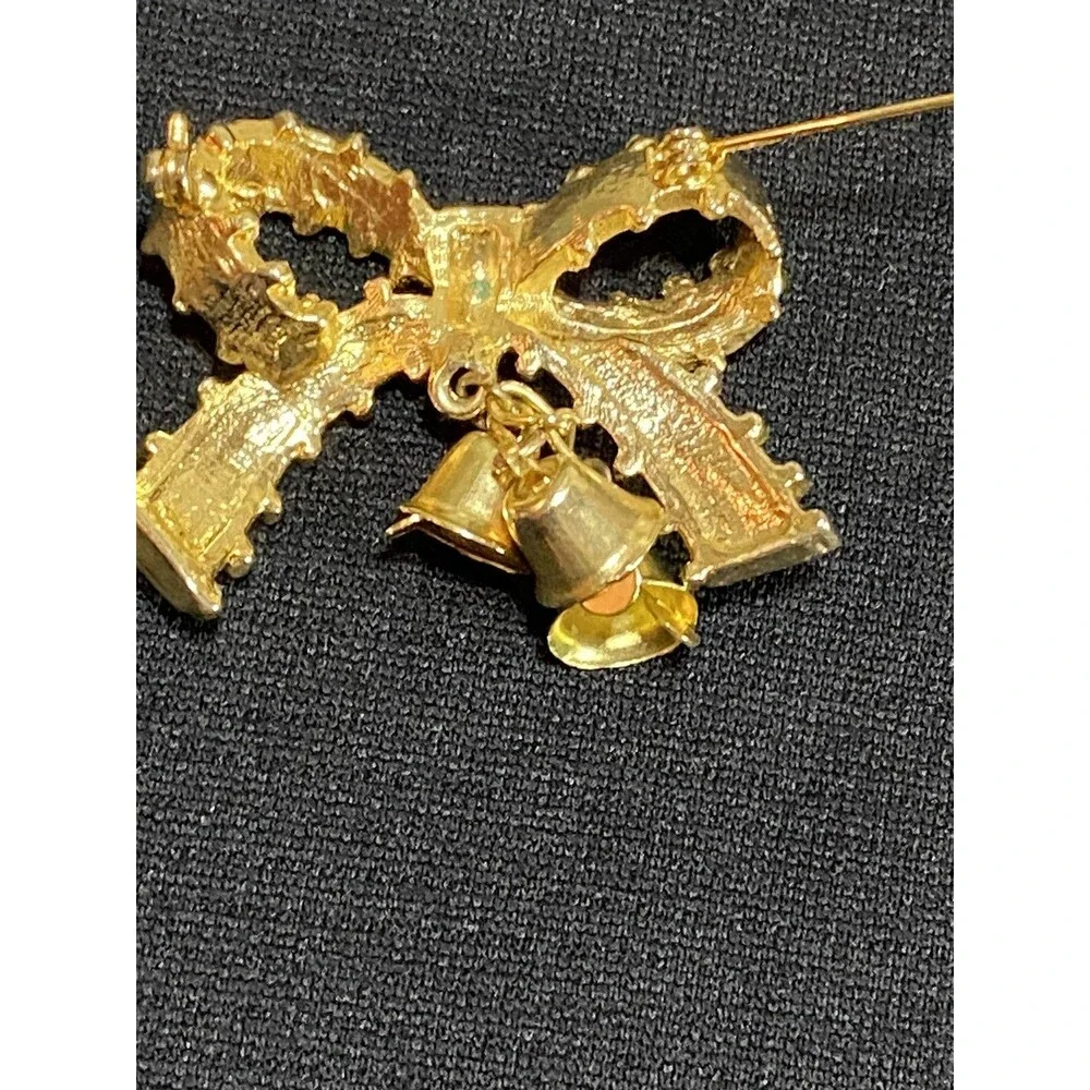 Christmas Gold Tone Red Enamel Ribbon Bow Pin, Brooch With Bells Vintage